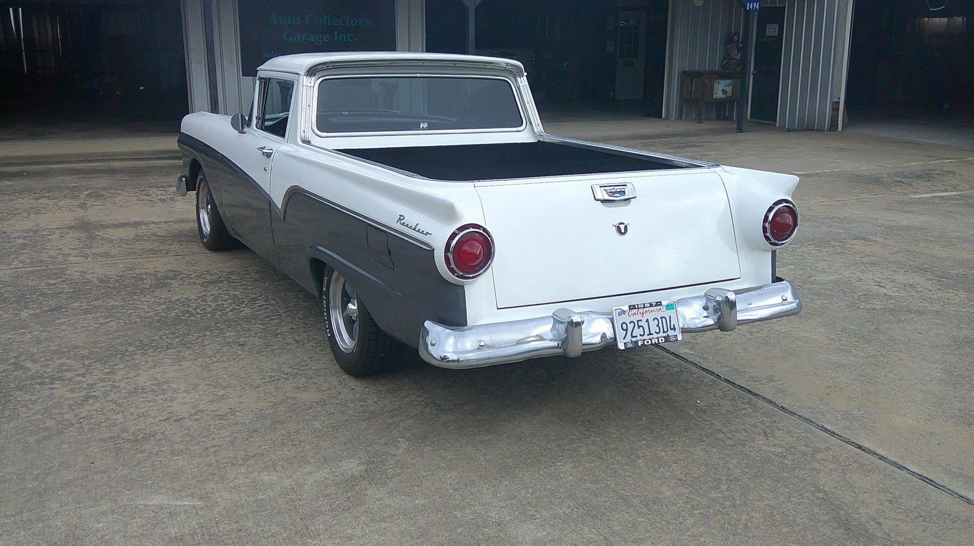 Rear three-quarter view of a white and grey Ford Ranchero