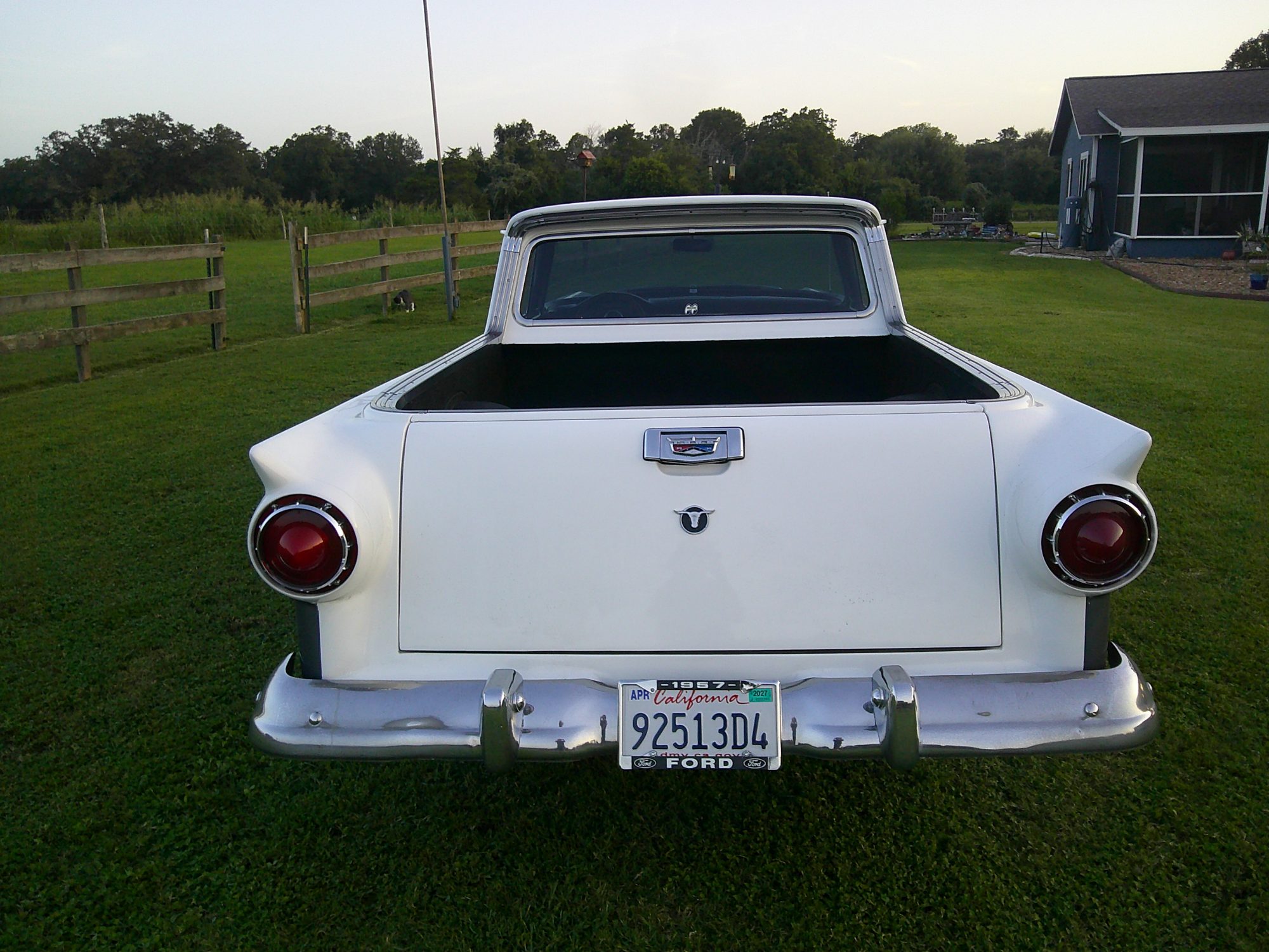Rear view of white classic pickup truck with chrome bumper and tailgate.