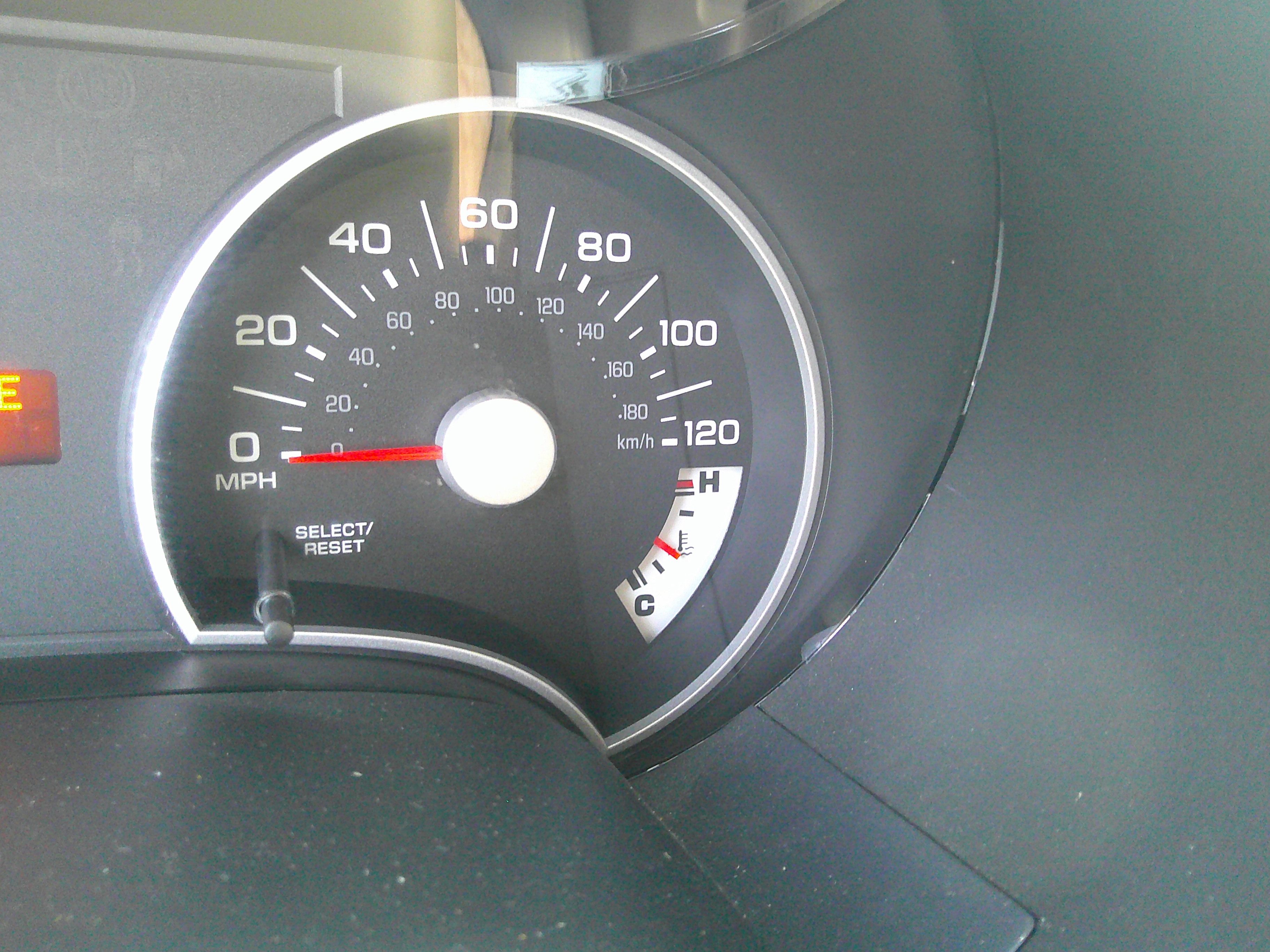 Close-up of the analogue speedometer and temperature gauge.