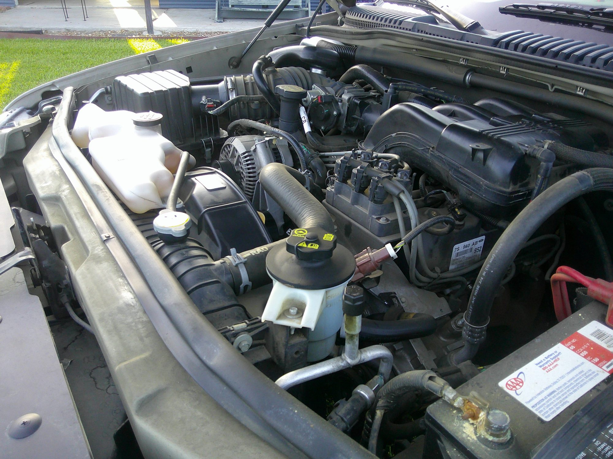 View of the engine bay including intake, alternator, and fluid reservoirs.