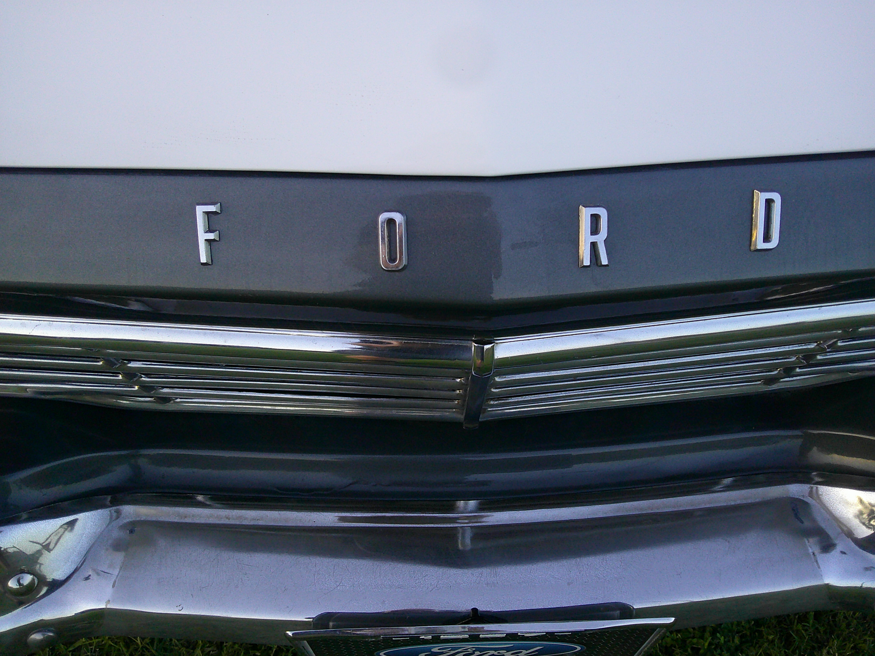 Close-up of Ford emblem lettering above front grille and bumper