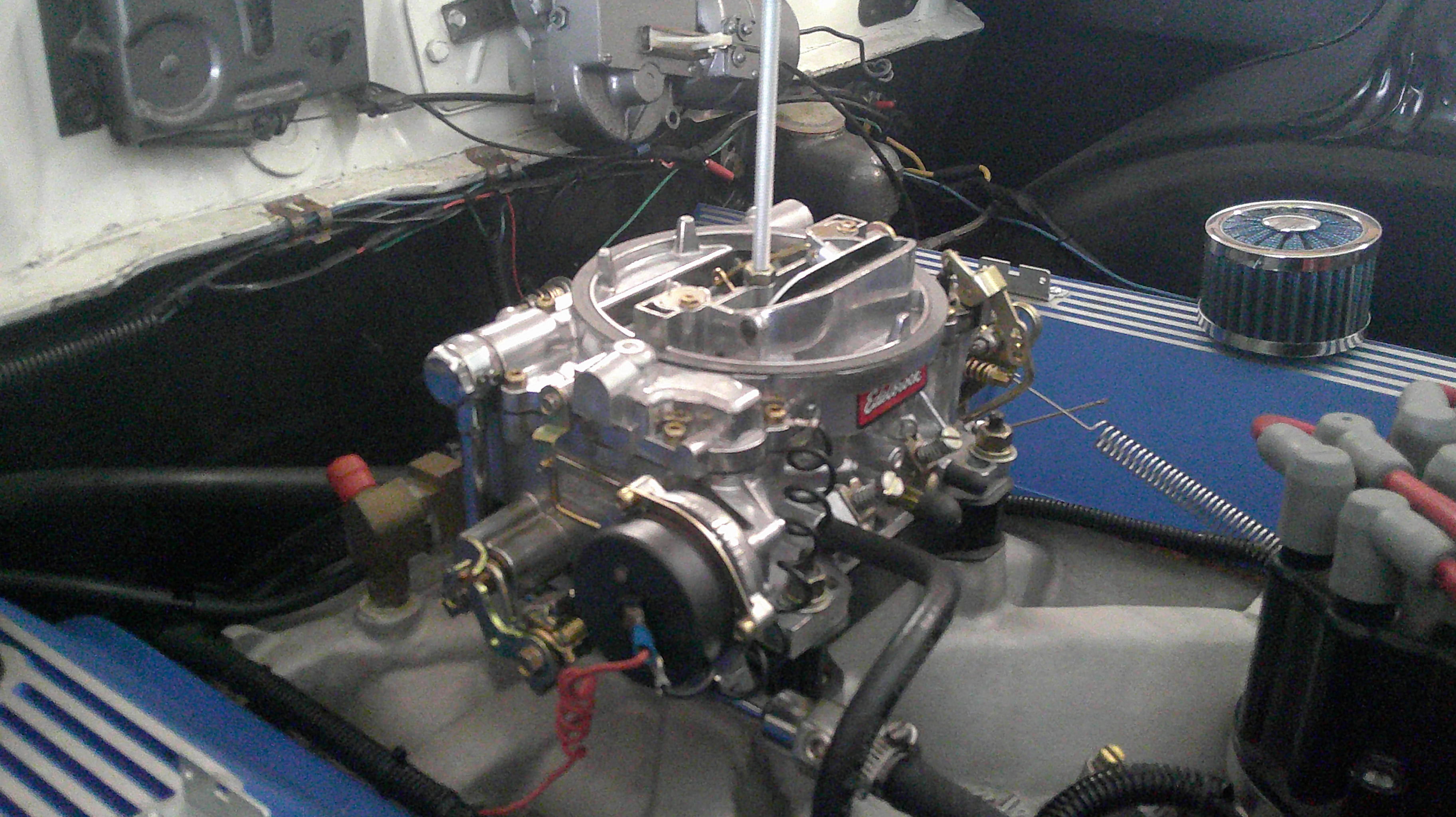 Close-up of Edelbrock carburetor on intake manifold