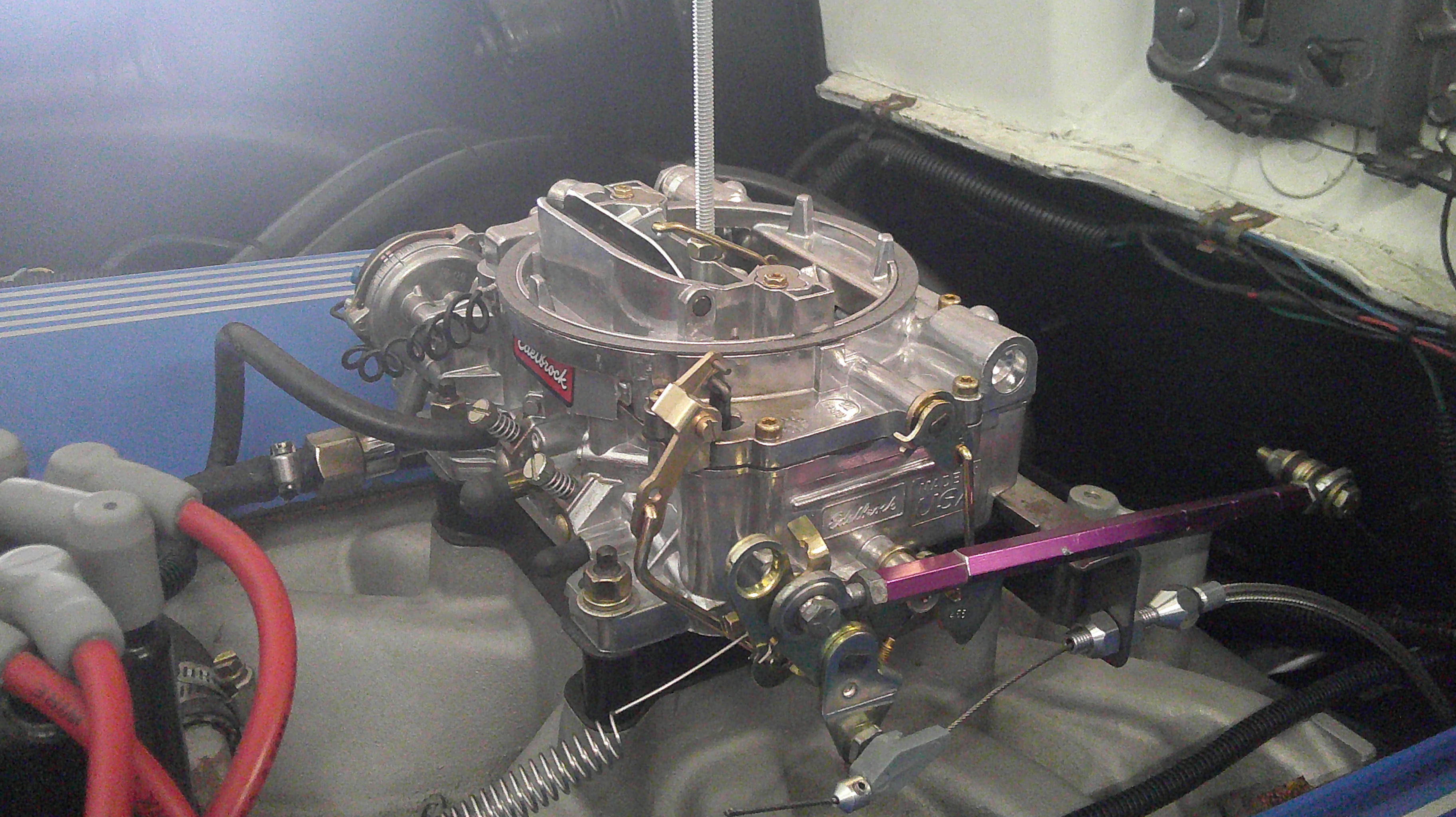 Close-up of an Edelbrock carburetor and intake manifold