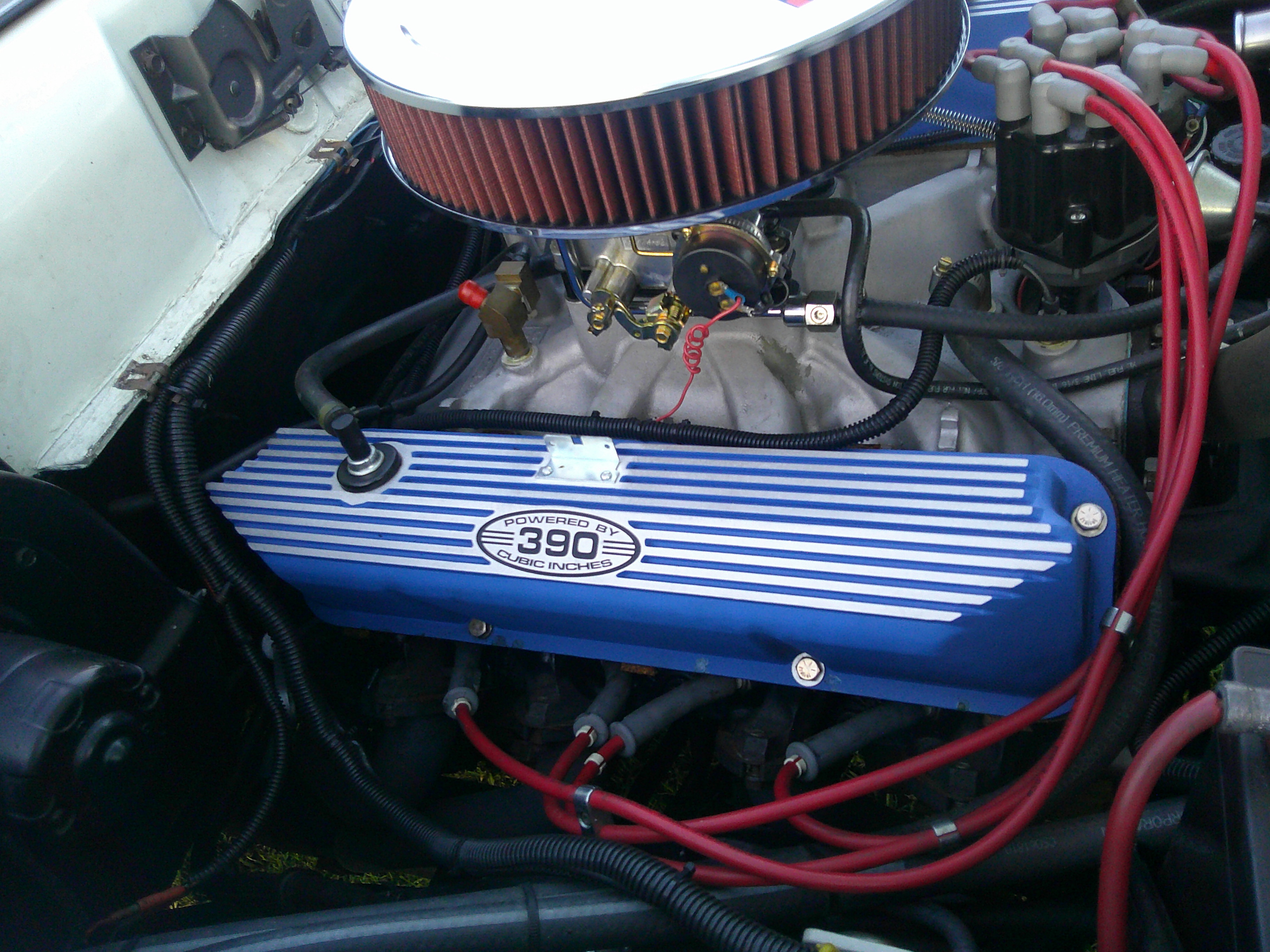 Detail of 390 cubic inch V8 engine bay with blue valve covers