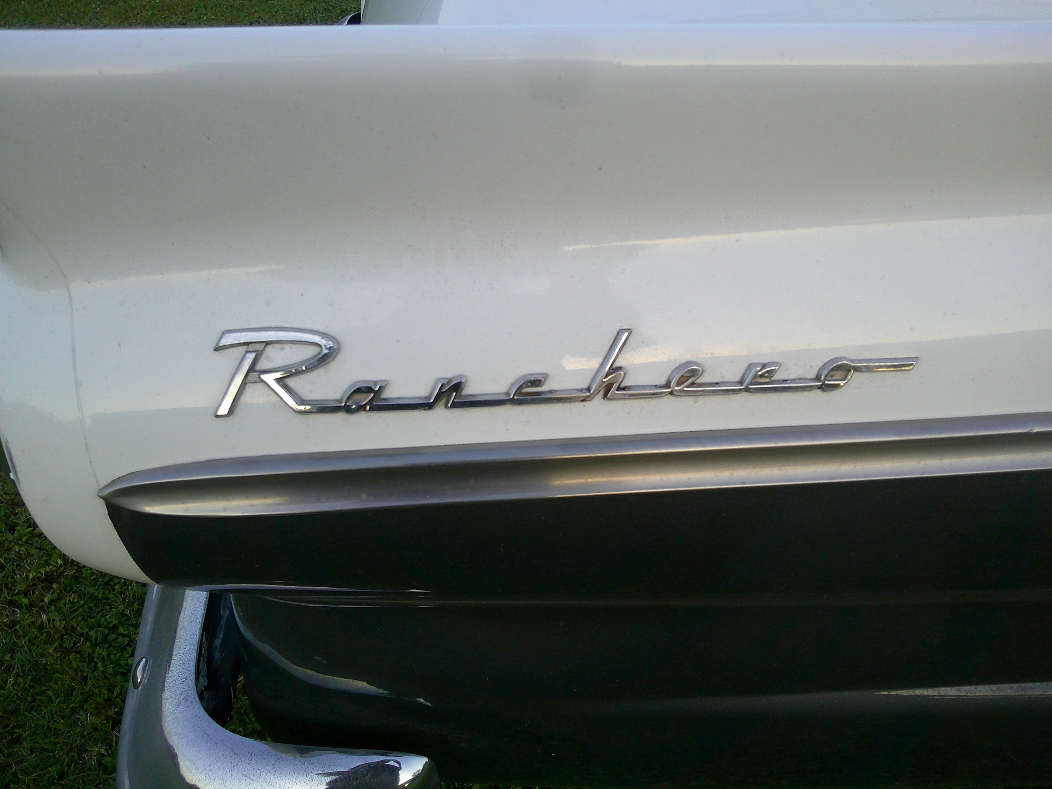 Chrome Ranchero script emblem on rear quarter panel