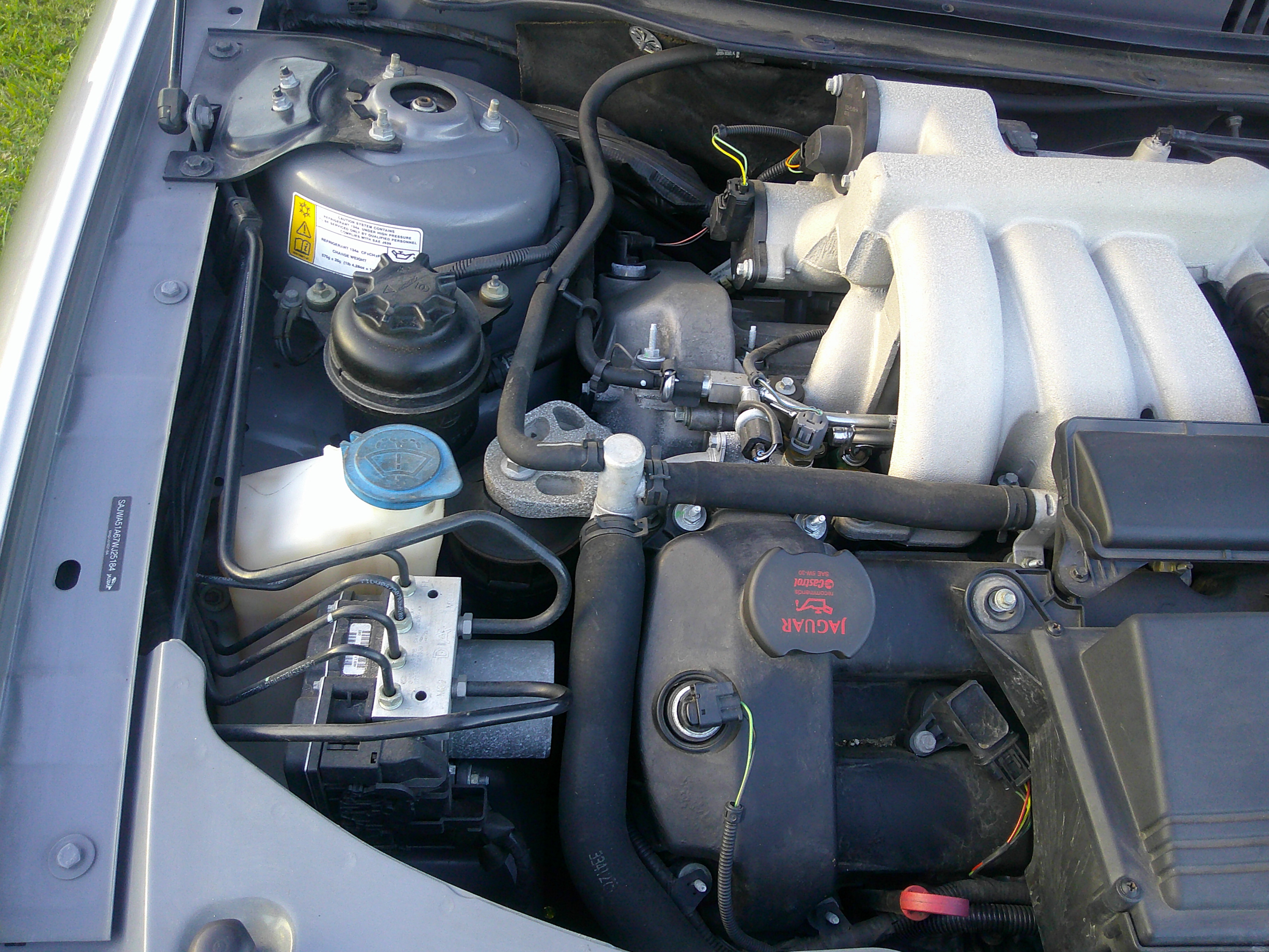 View of the Jaguar engine bay showing intake manifold and fluid reservoirs.