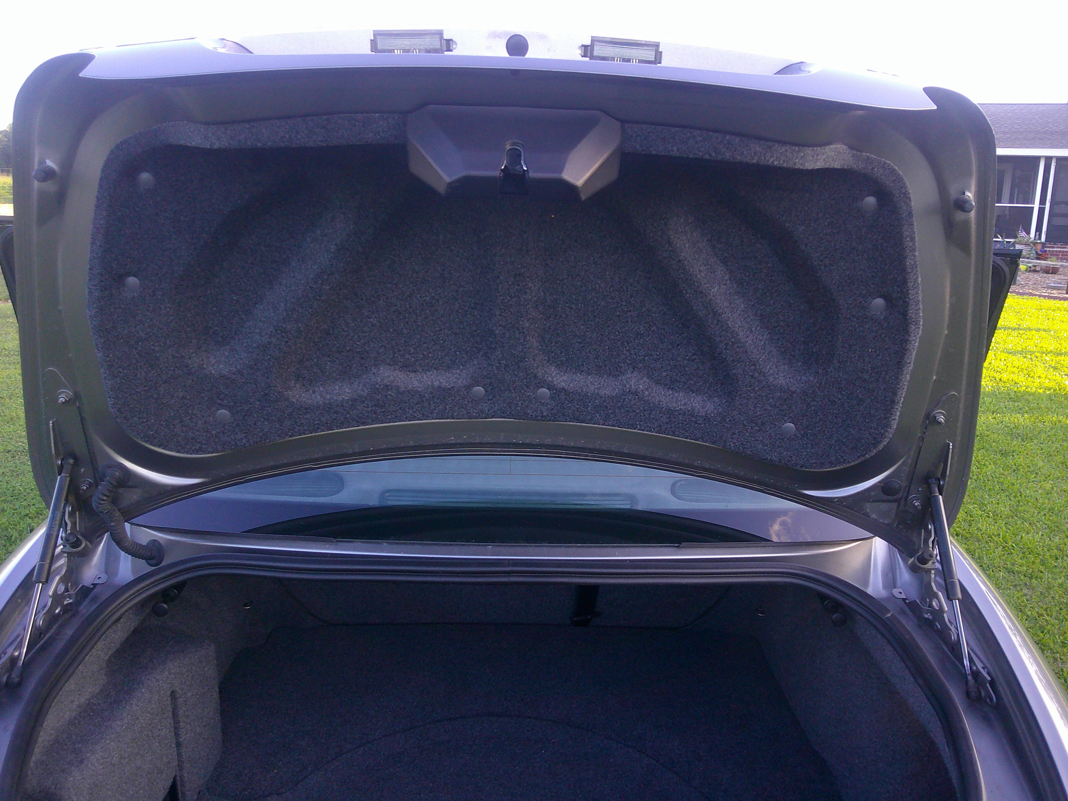 Open trunk compartment with carpet liner and hinges visible.