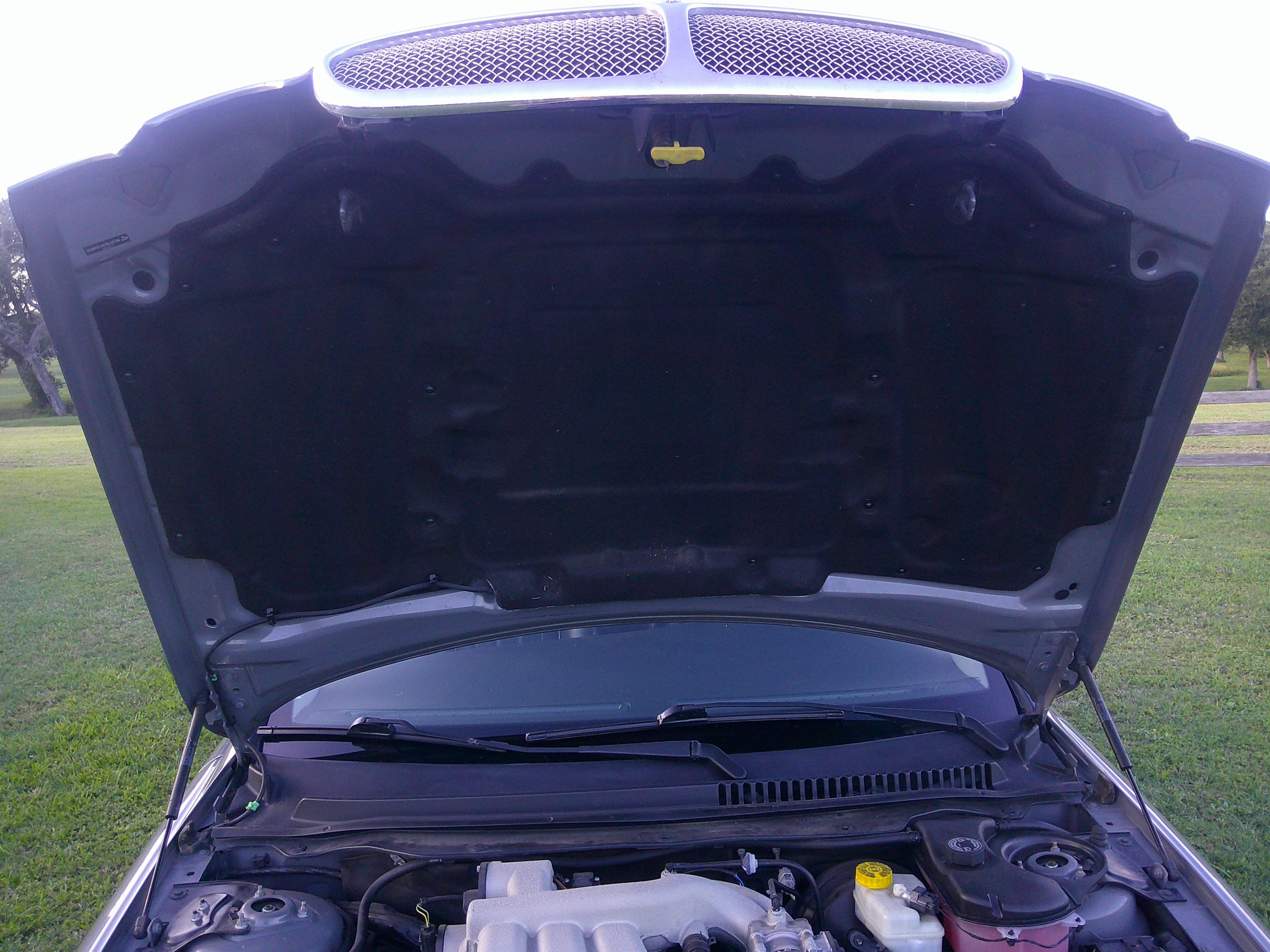 View of the engine bay and underside of the hood showing insulation and latch.