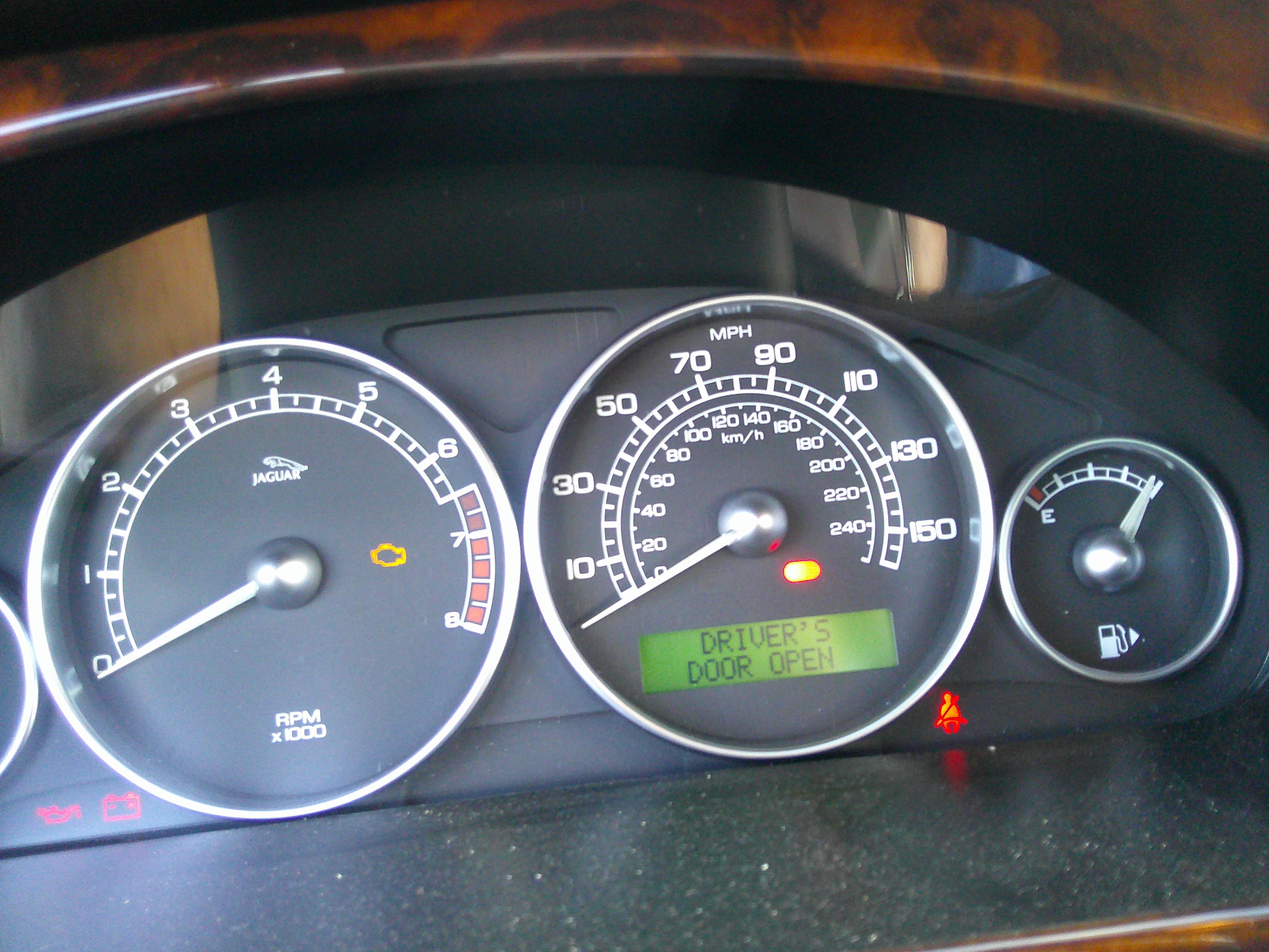 View of the instrument cluster showing speedometer, tachometer, and fuel gauge.
