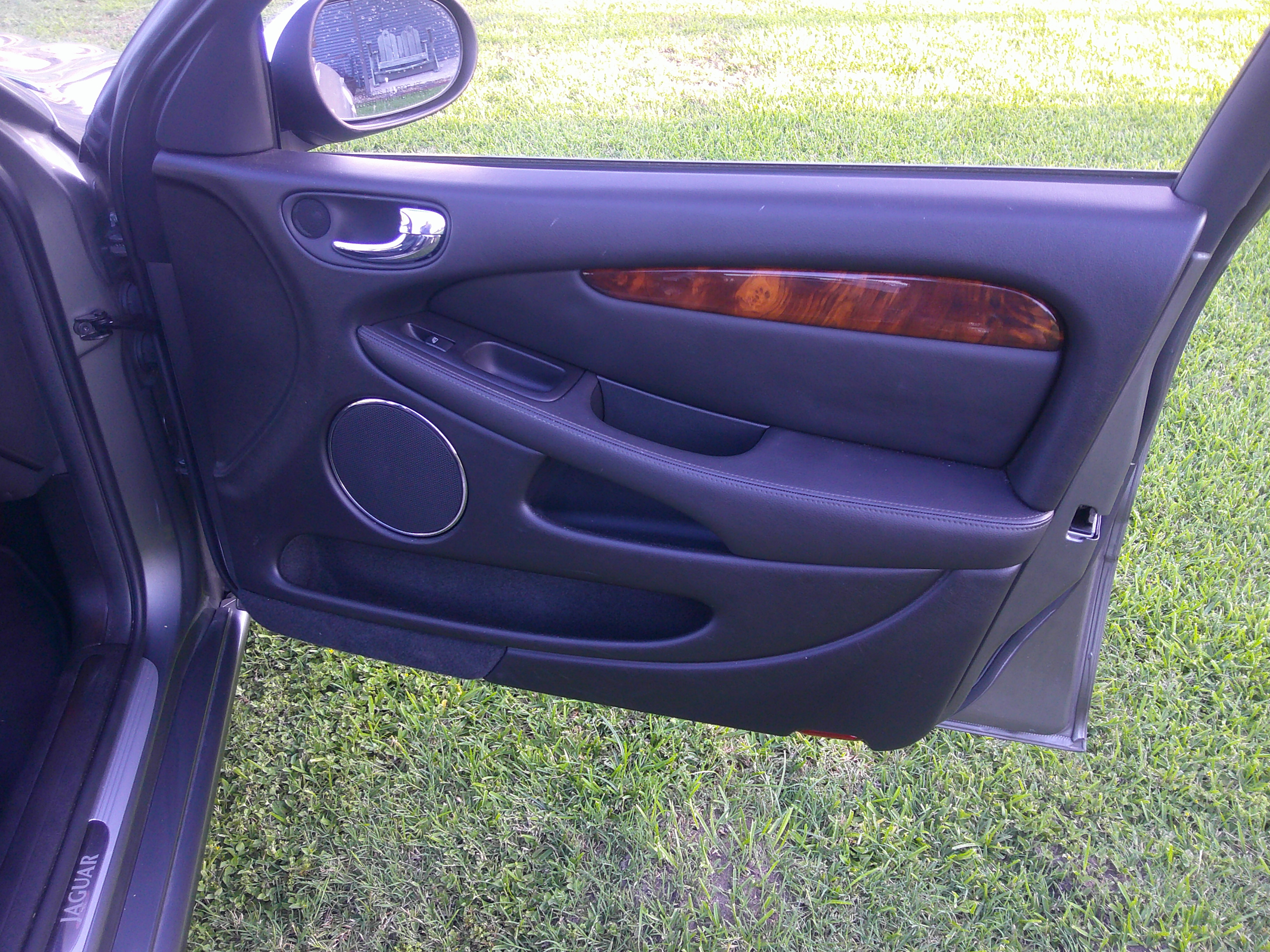 Driver side door panel with wood grain trim and speaker