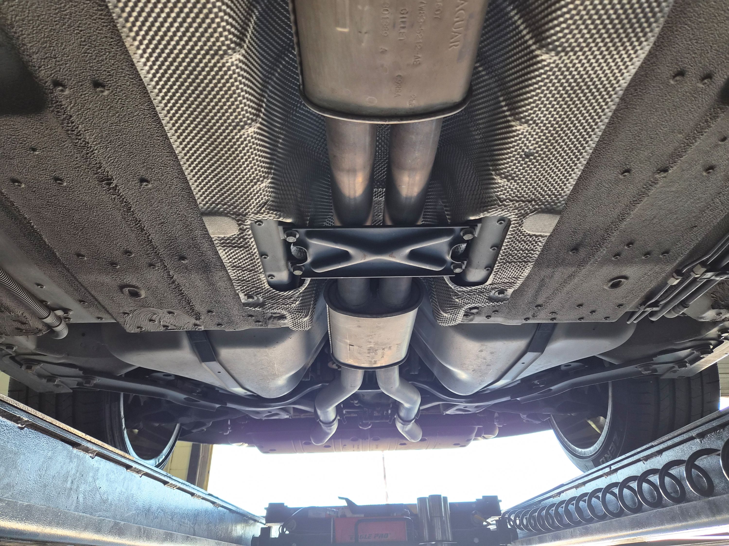 Underbody view showing the exhaust system and chassis