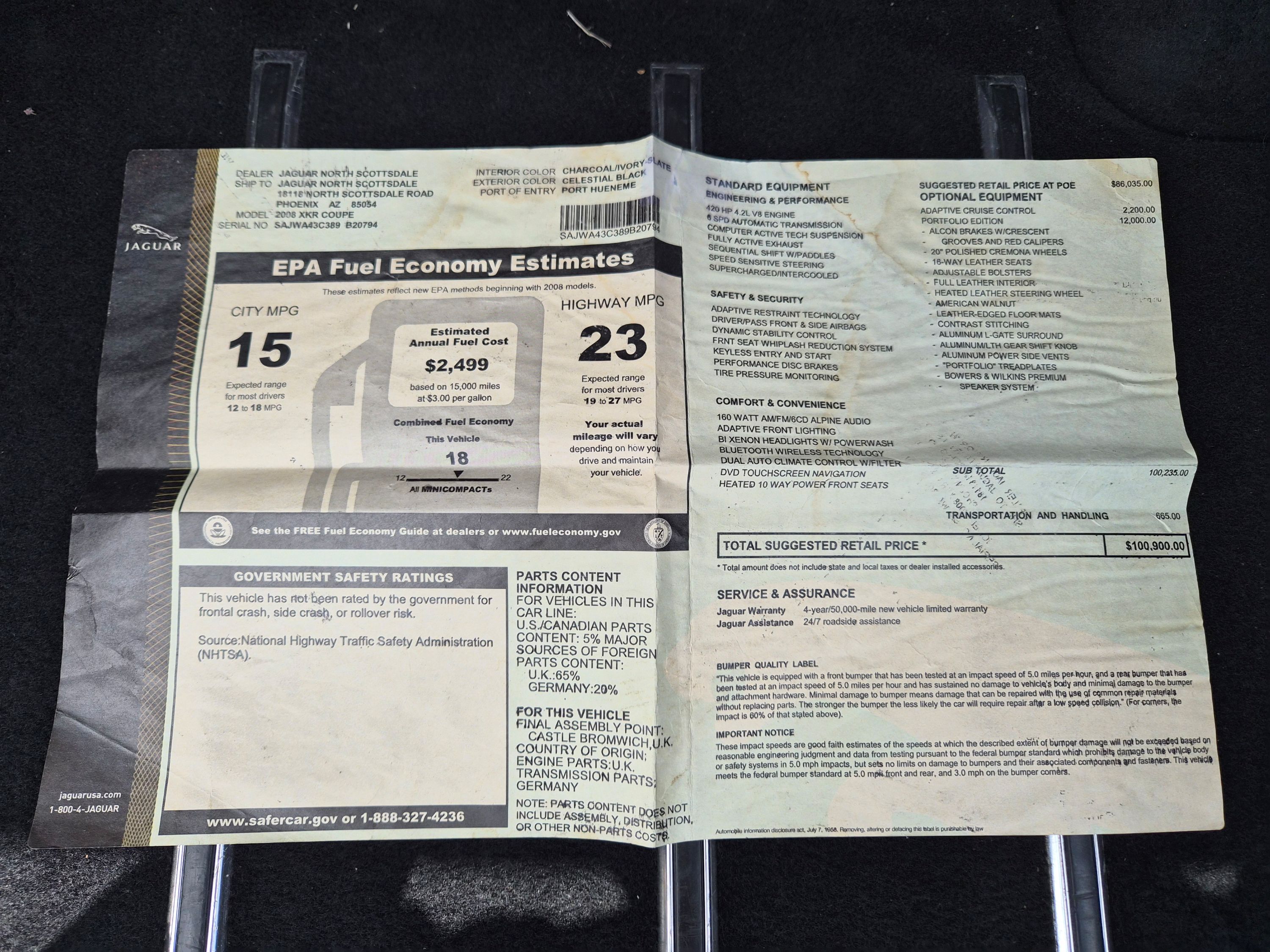 Original window sticker for 2008 Jaguar XKR Coupe