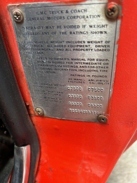 GMC Truck and Coach vehicle identification and weight rating plate